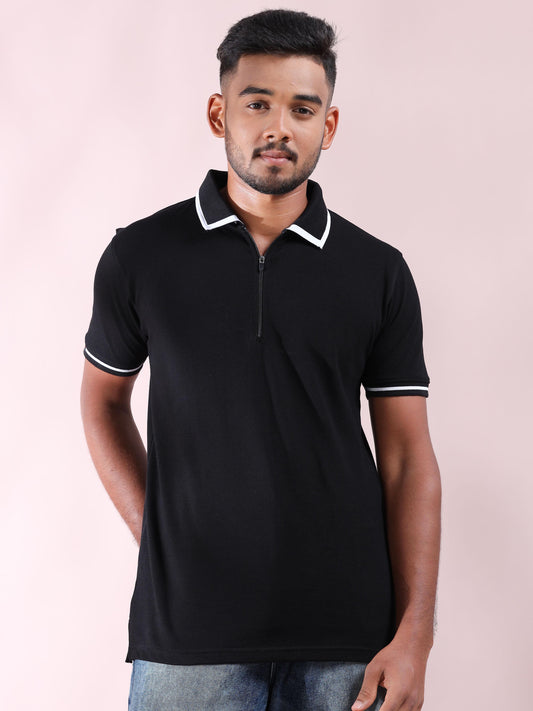 White Tipping Collar Black Polo Pure Cotton T Shirt Mens