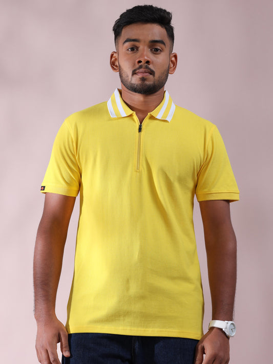 White Striped Collar Yellow Polo T Shirt For Men