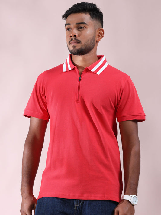 White Stripe Carmine Pink Pure Cotton Polo T Shirt For Men