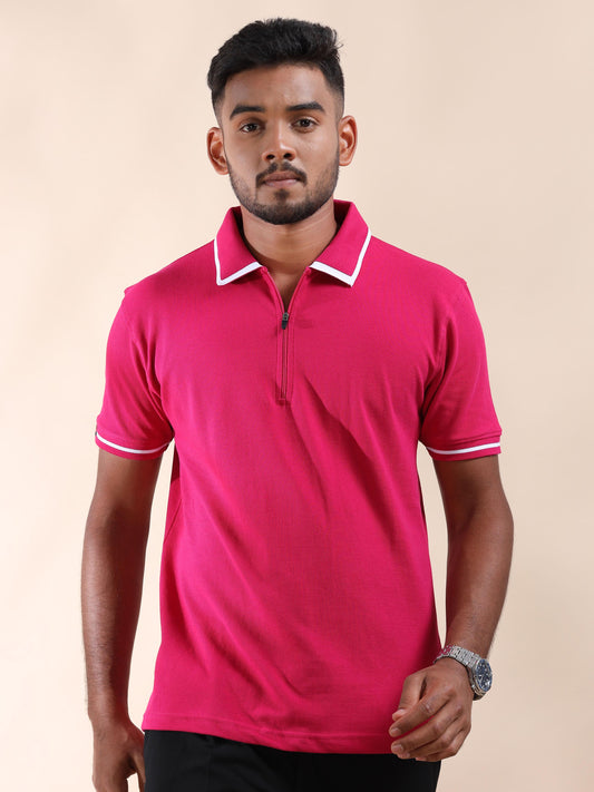 White Tipping Collar Polo Pink Pure Cotton T Shirt for Men