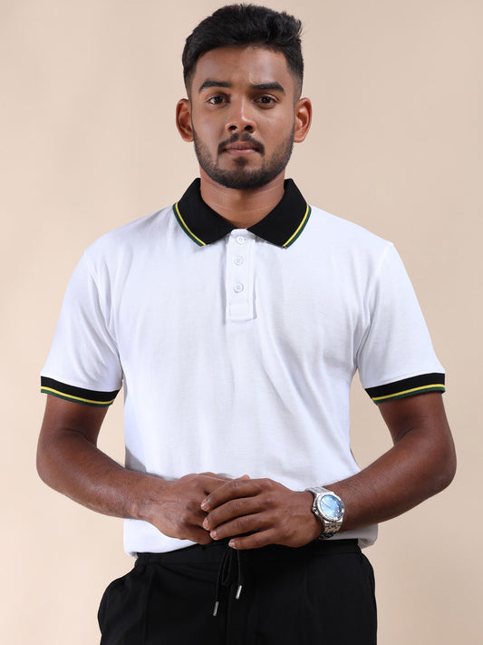 Yellow & Green Tipping Collar White Cotton Polo T Shirt for men 