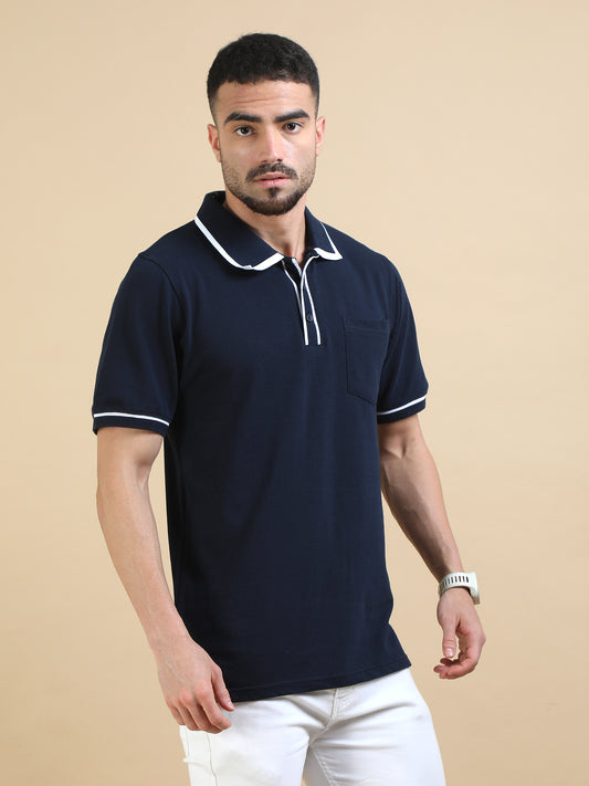 Contrast Collared Navy Polo T Shirts for Men