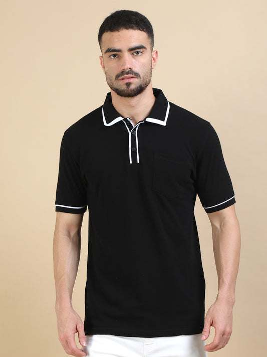 Black Contrast Collar Polo for Men