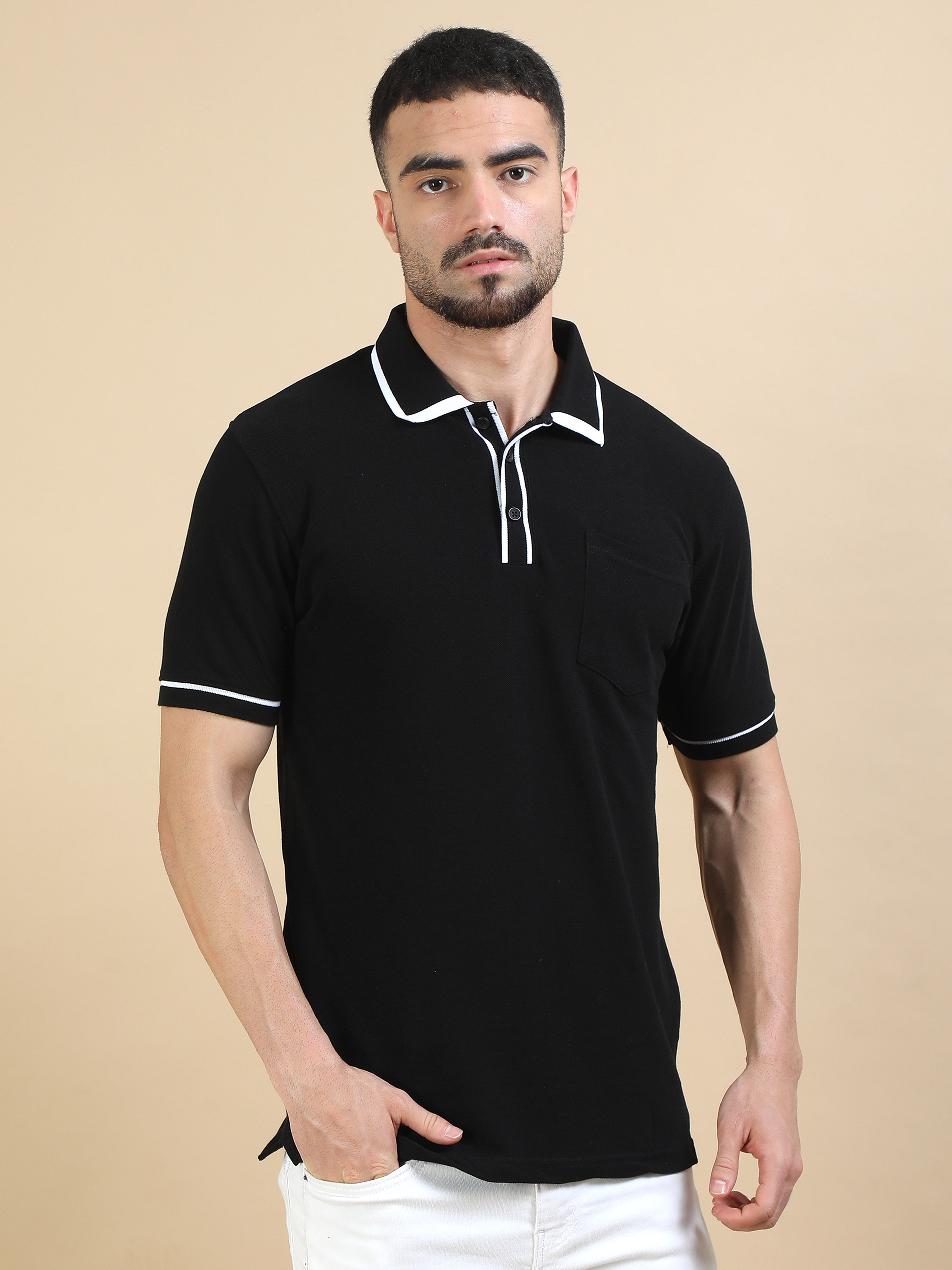 Black Contrast Collar Polo for Men