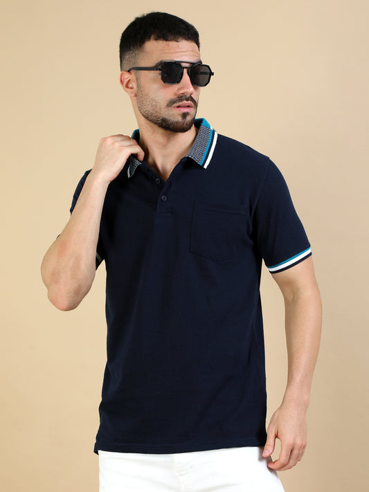 Printed Navy Polo Neck T Shirt for Men