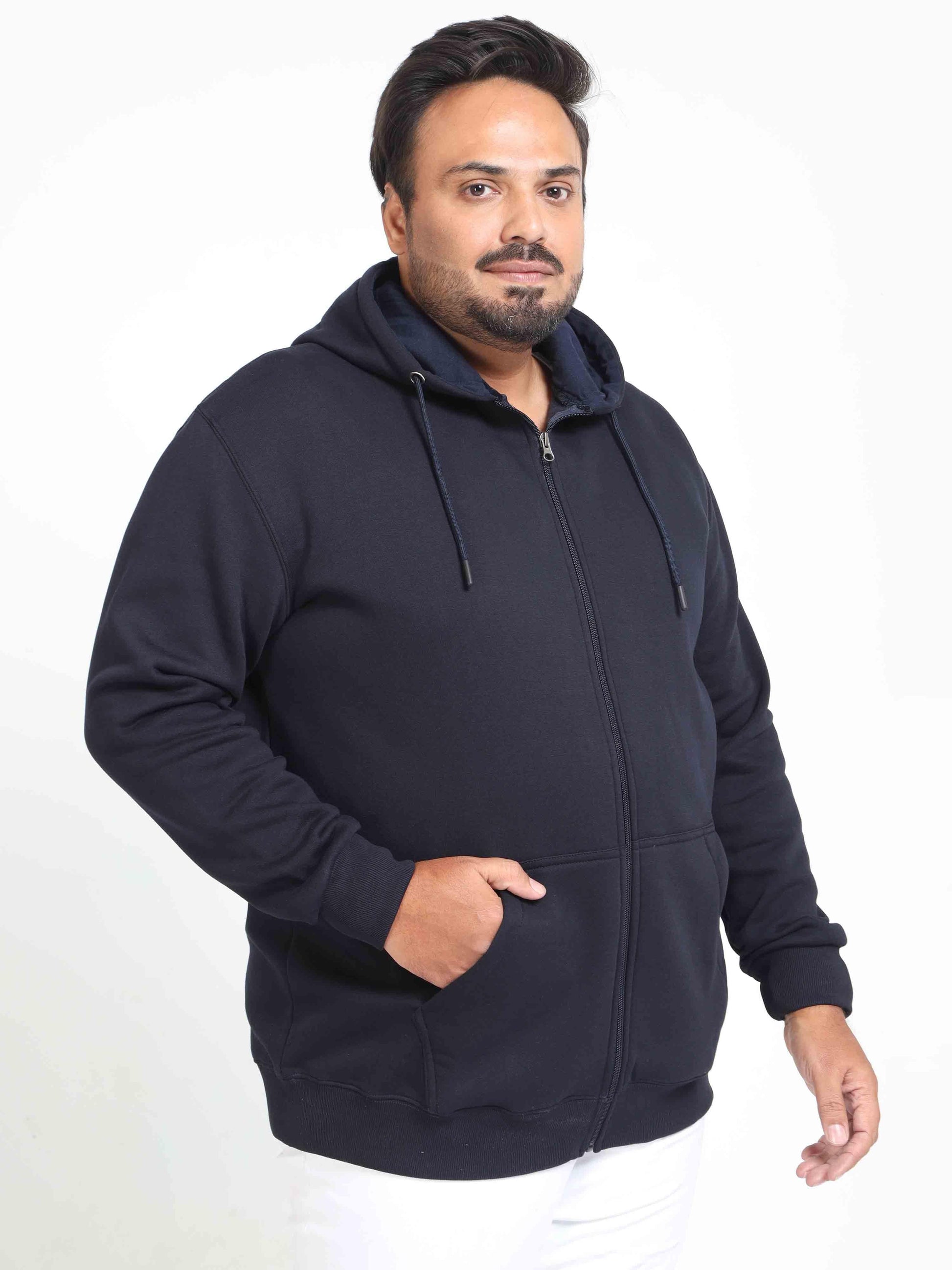 Plus Size Navy Blue Zipper Hoodie - Main Image