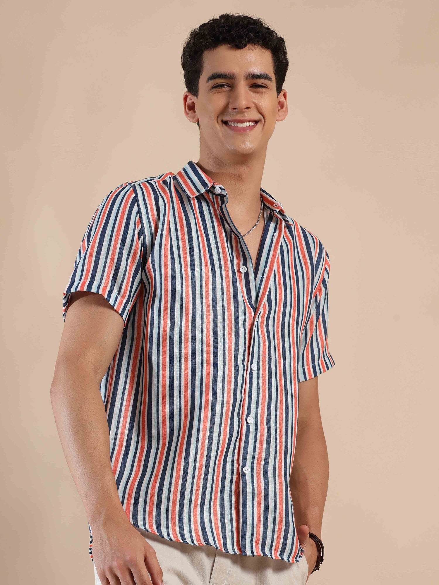 Half sleeve stripe polyester cotton shirt for Men