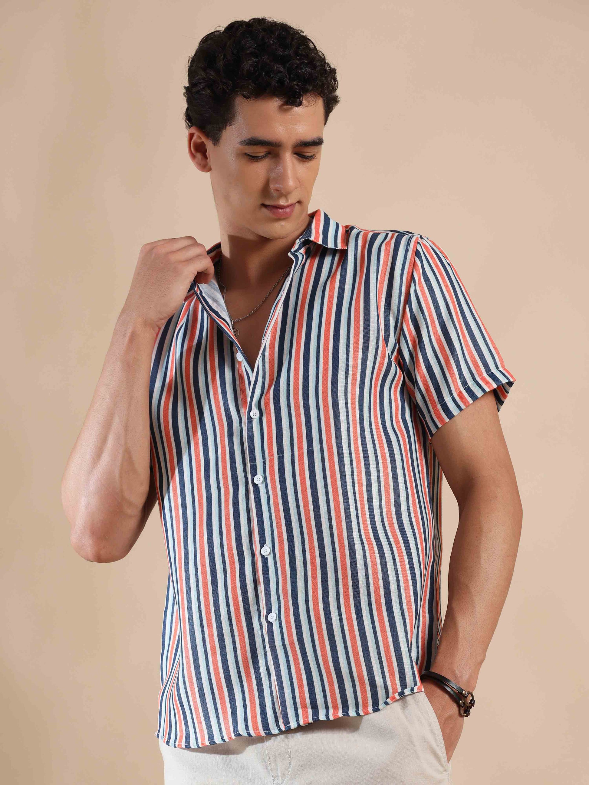 Half sleeve stripe polyester cotton shirt for Men