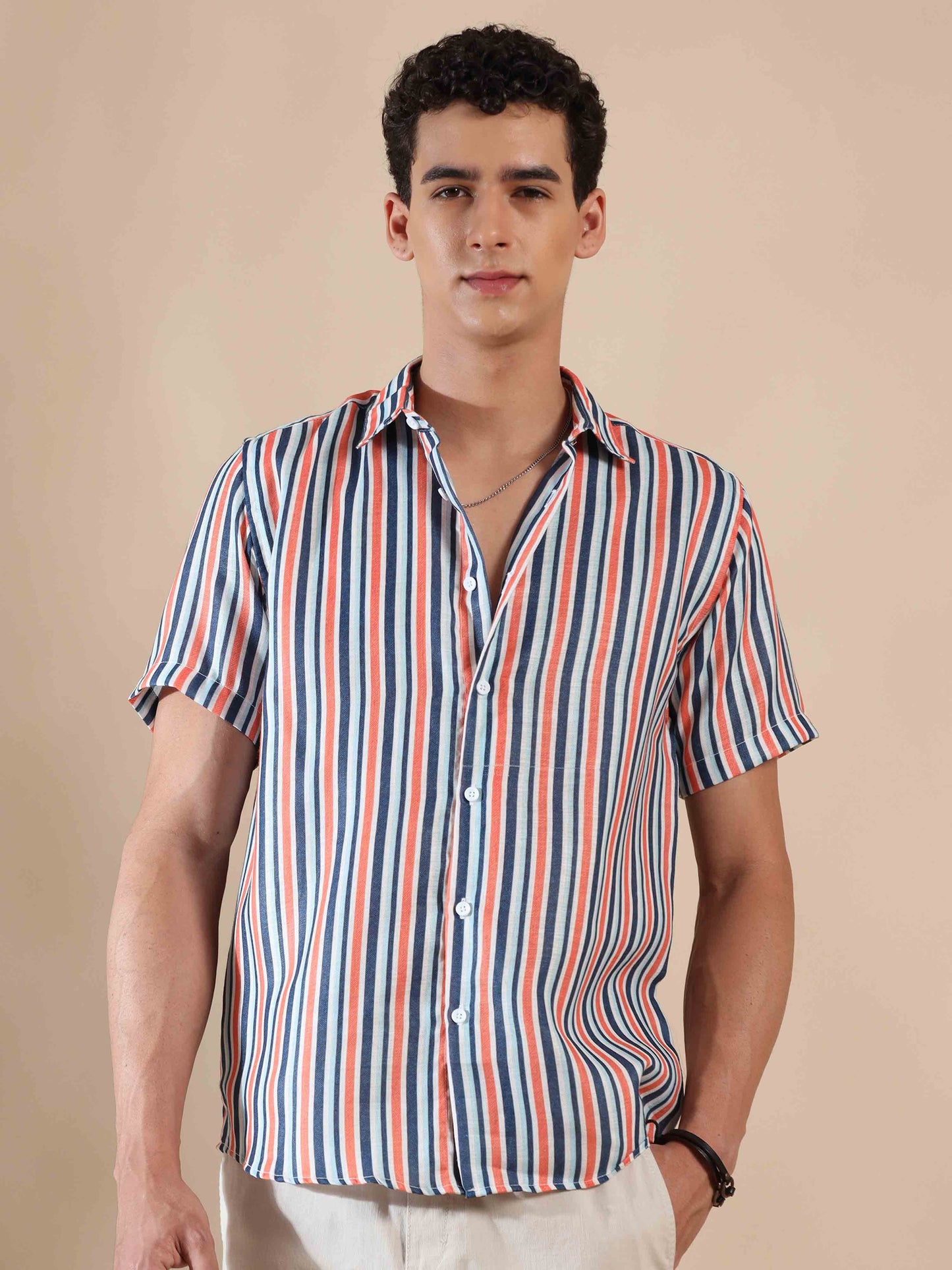 Half sleeve stripe polyester cotton shirt for Men