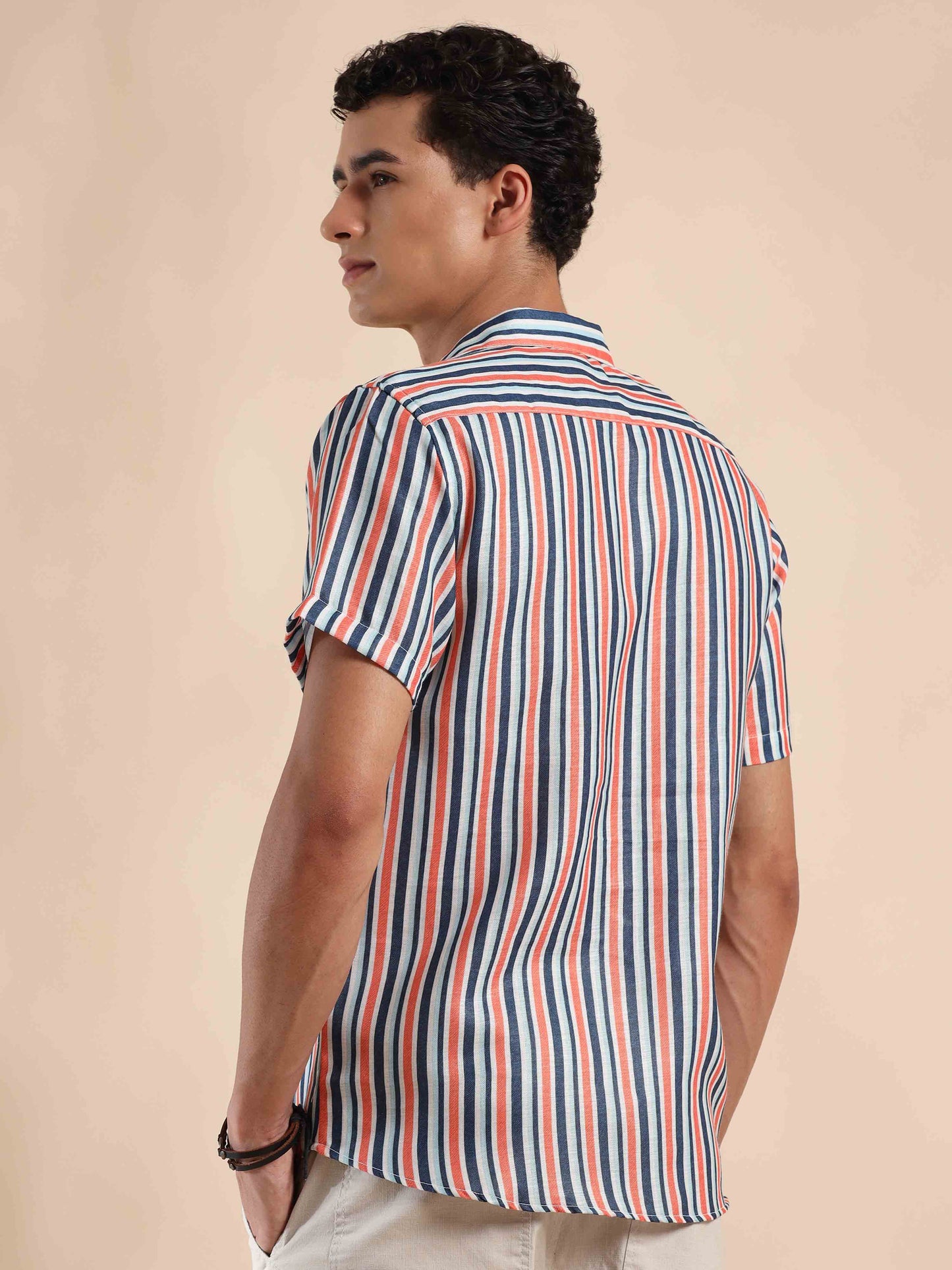 Half sleeve stripe polyester cotton shirt for Men