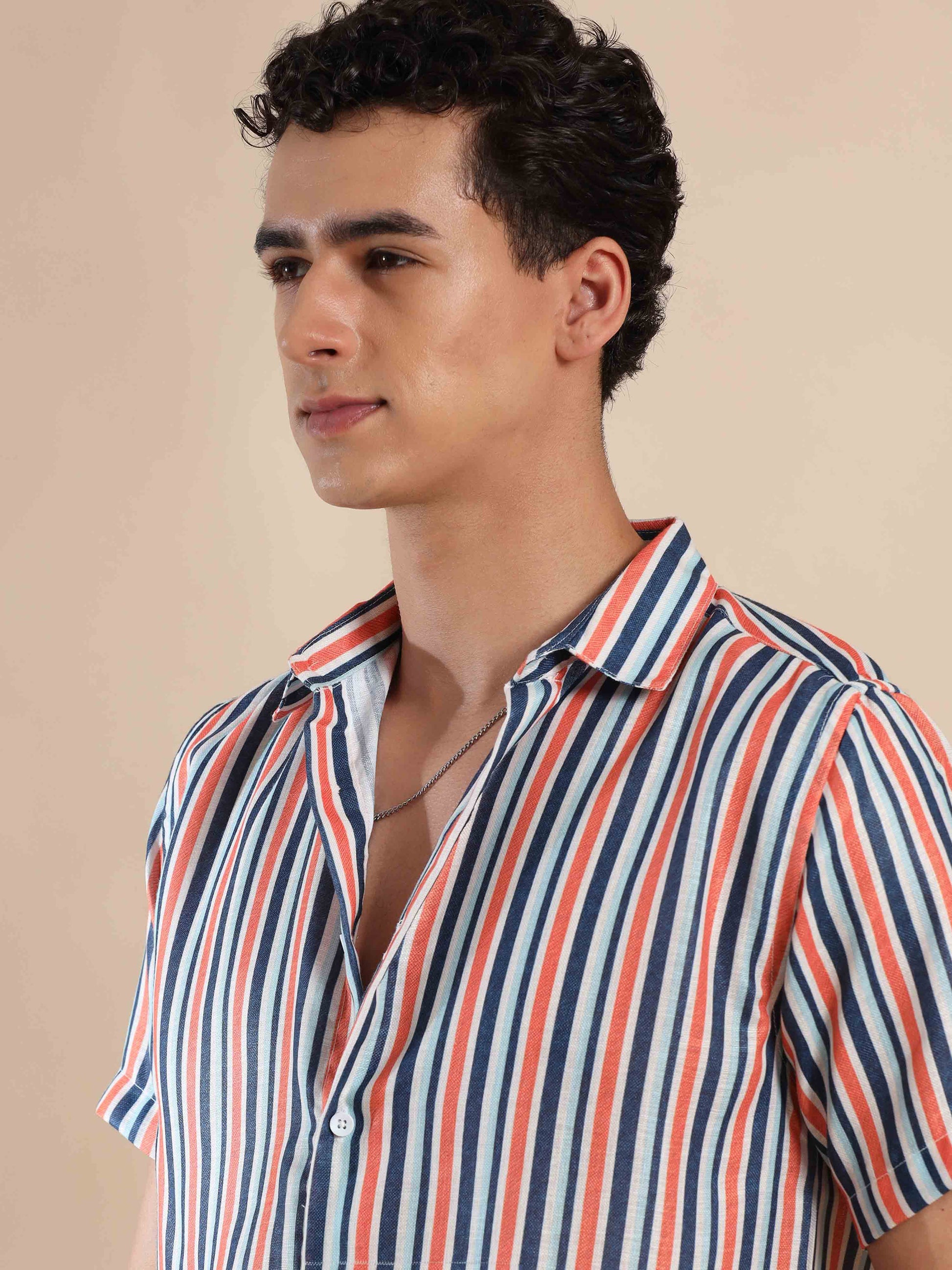 Half sleeve stripe polyester cotton shirt for Men