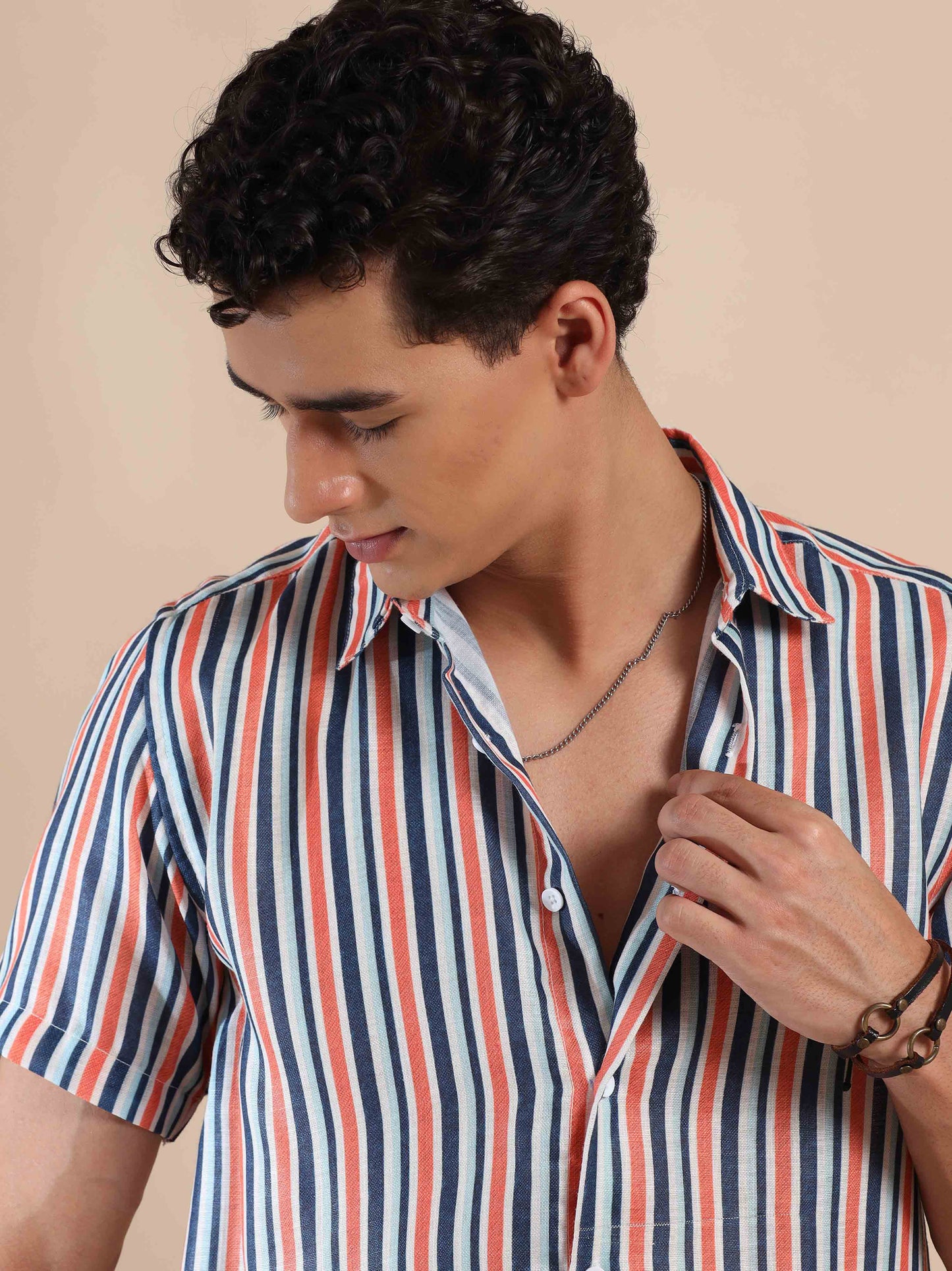 Half sleeve stripe polyester cotton shirt for Men