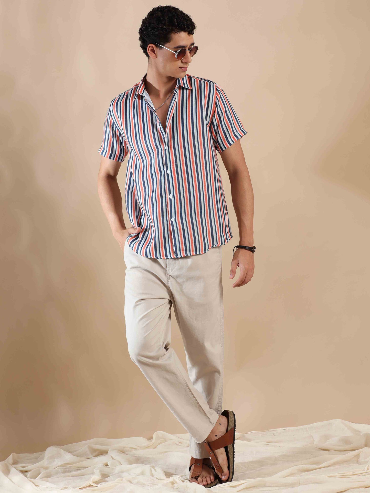 Half sleeve stripe polyester cotton shirt for Men