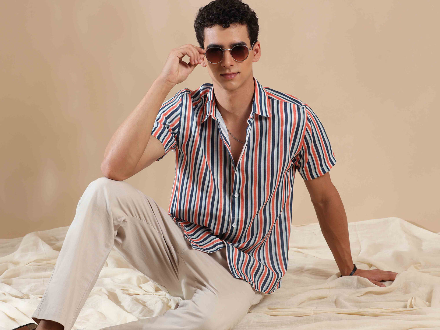 Half sleeve stripe polyester cotton shirt for Men