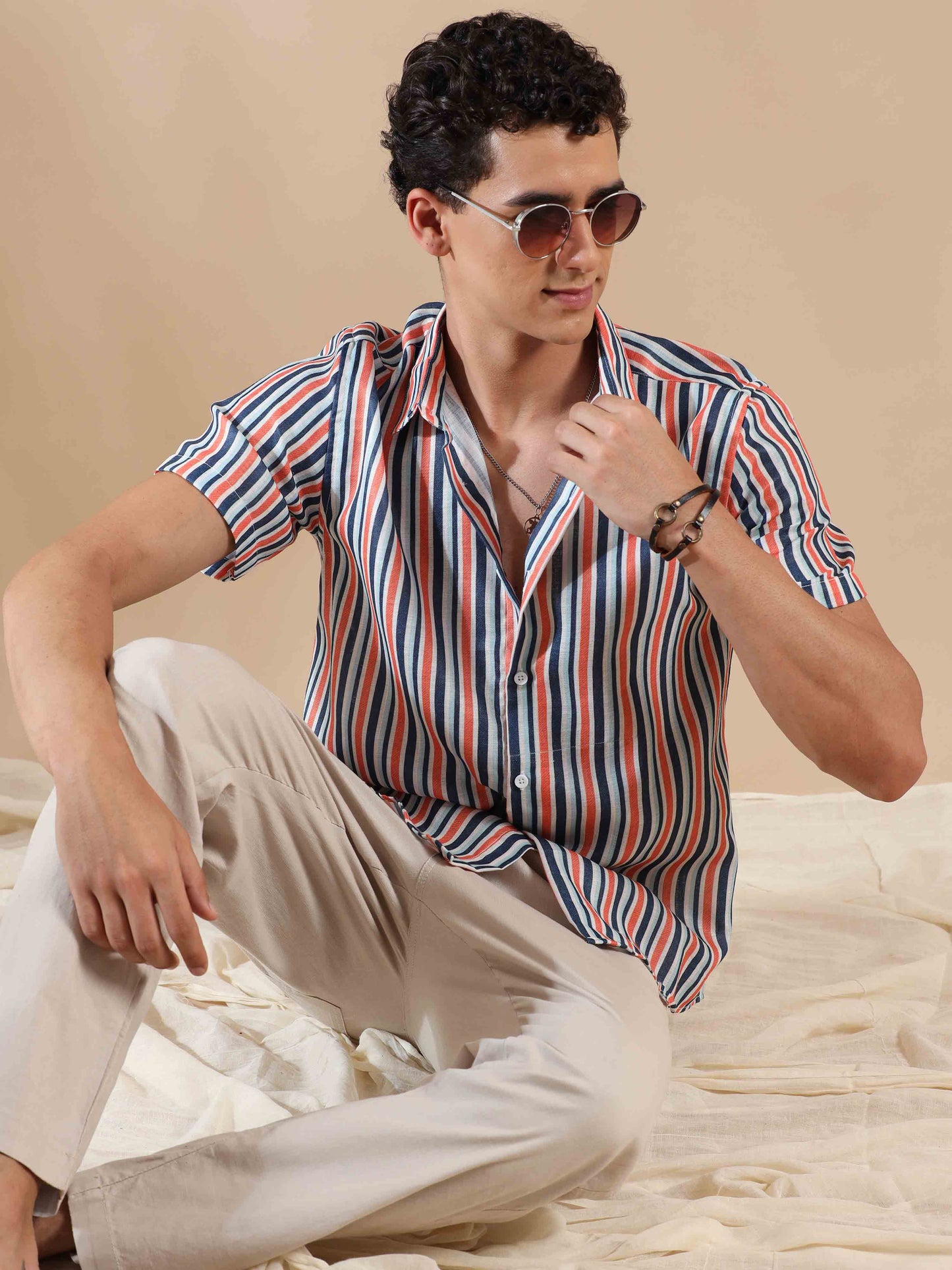 Half sleeve stripe polyester cotton shirt for Men