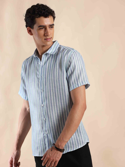 Half sleeve stripe polyester cotton shirt for Men