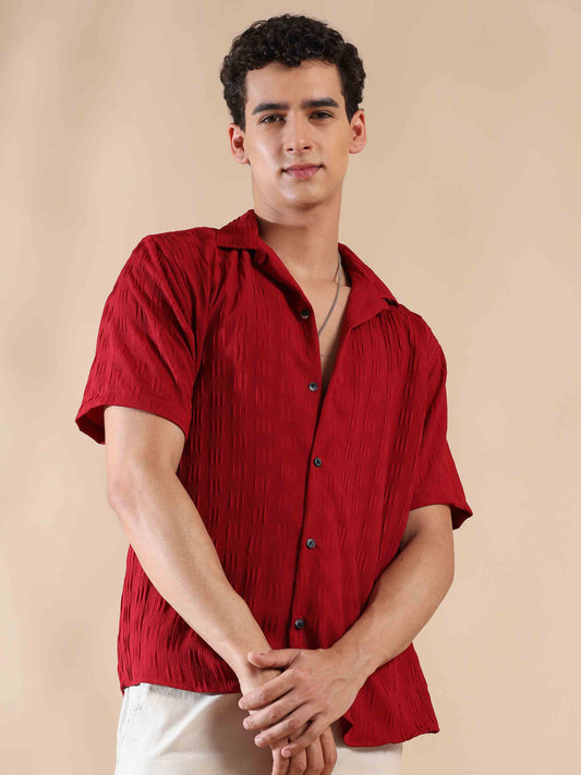 Half sleeve red solid popcorn shirt for men