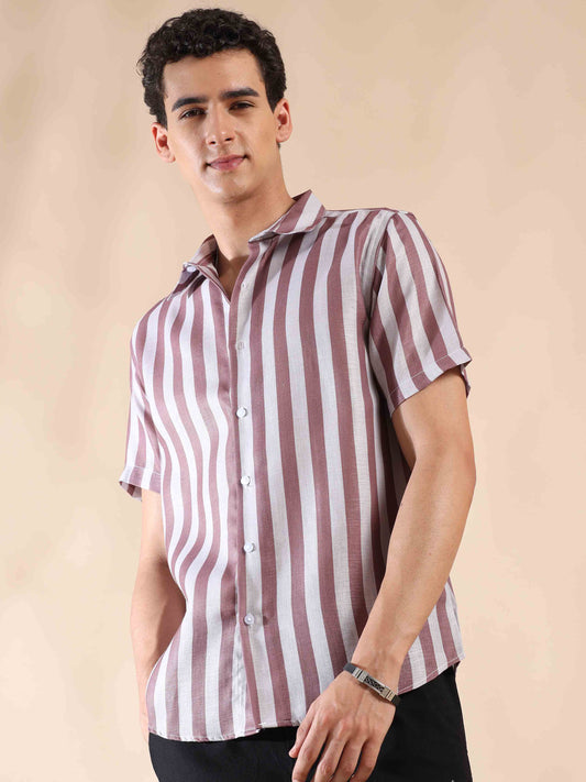 Half sleeve stripe polyester cotton shirt for men