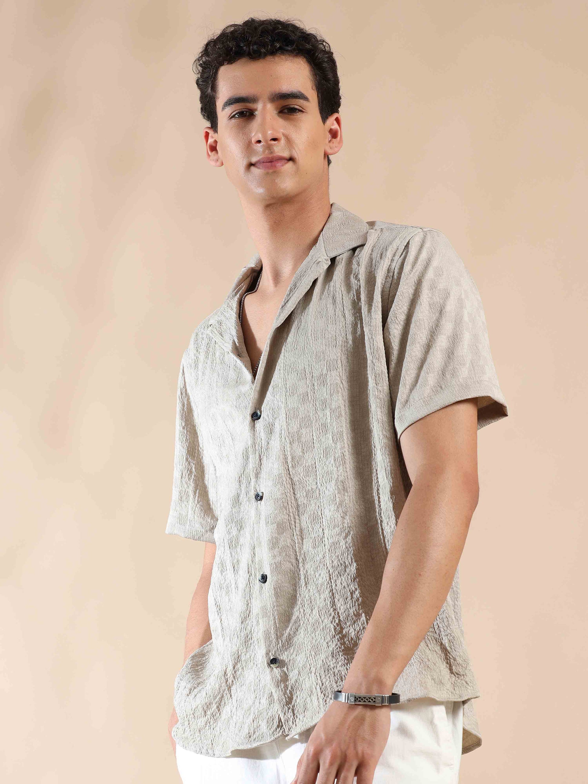 Half sleeve Beige Half sleeve polyester solid shirt for men