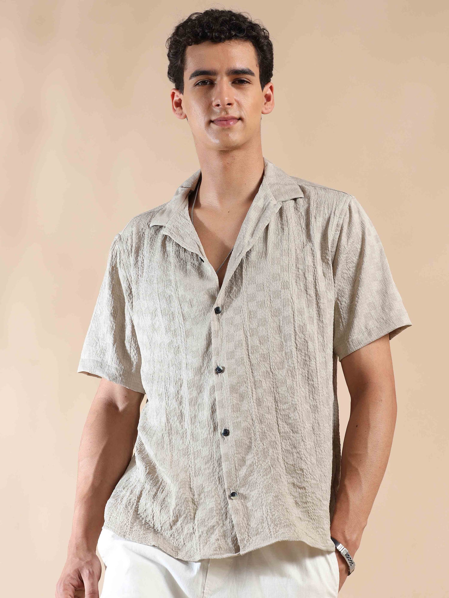 Half sleeve Beige Half sleeve polyester solid shirt for men