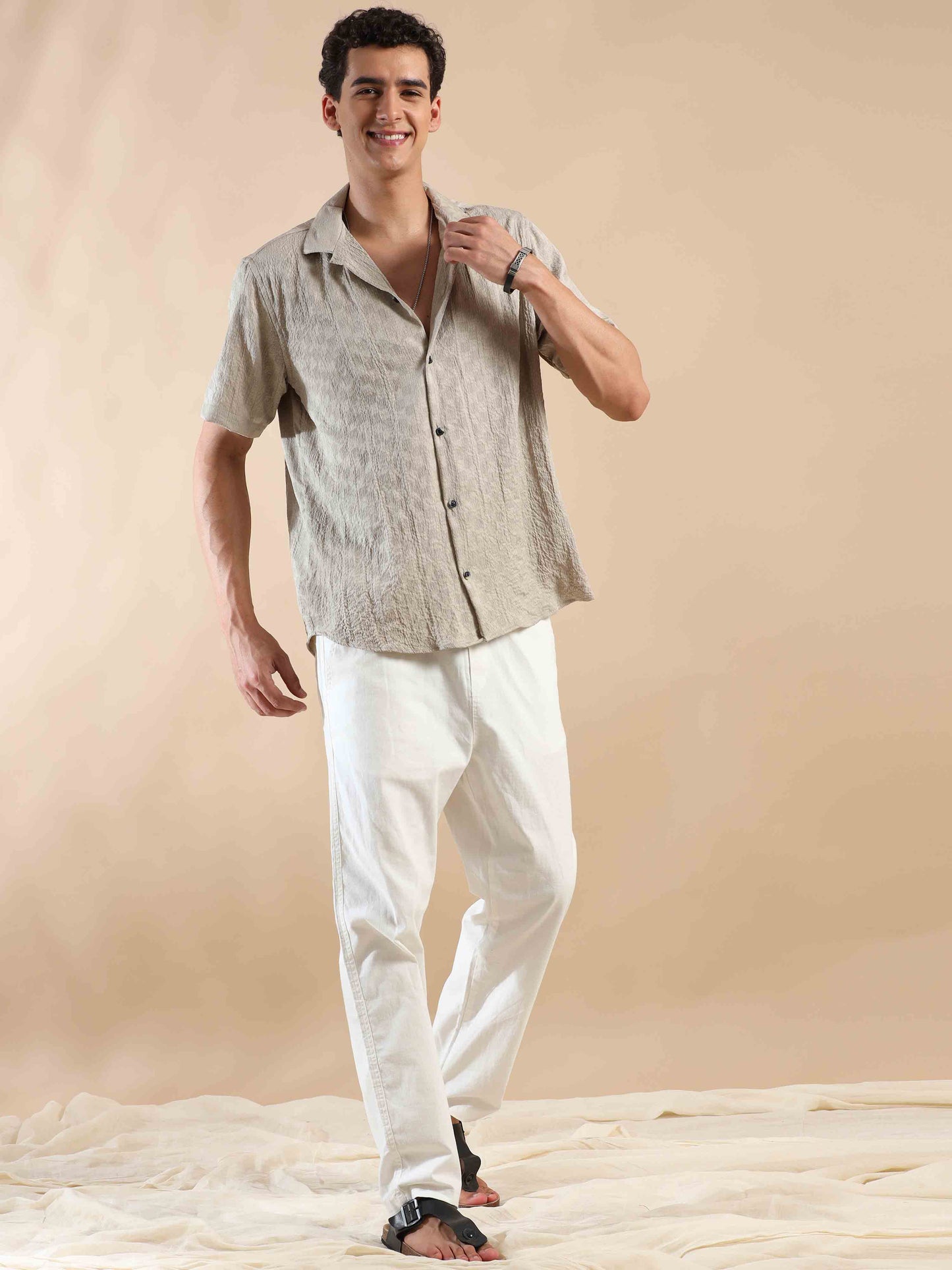 Half sleeve Beige Half sleeve polyester solid shirt for men