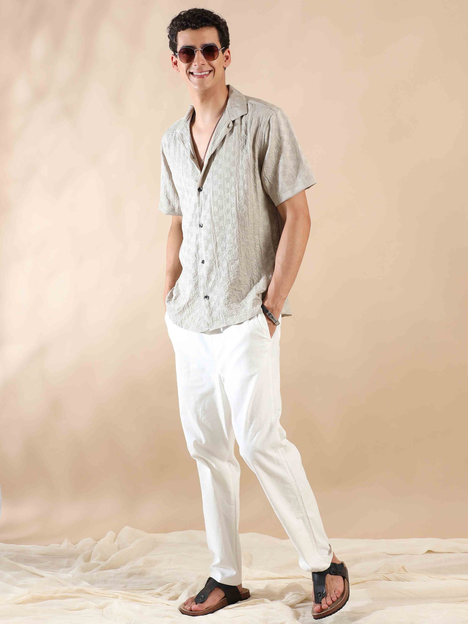 Half sleeve Beige Half sleeve polyester solid shirt for men