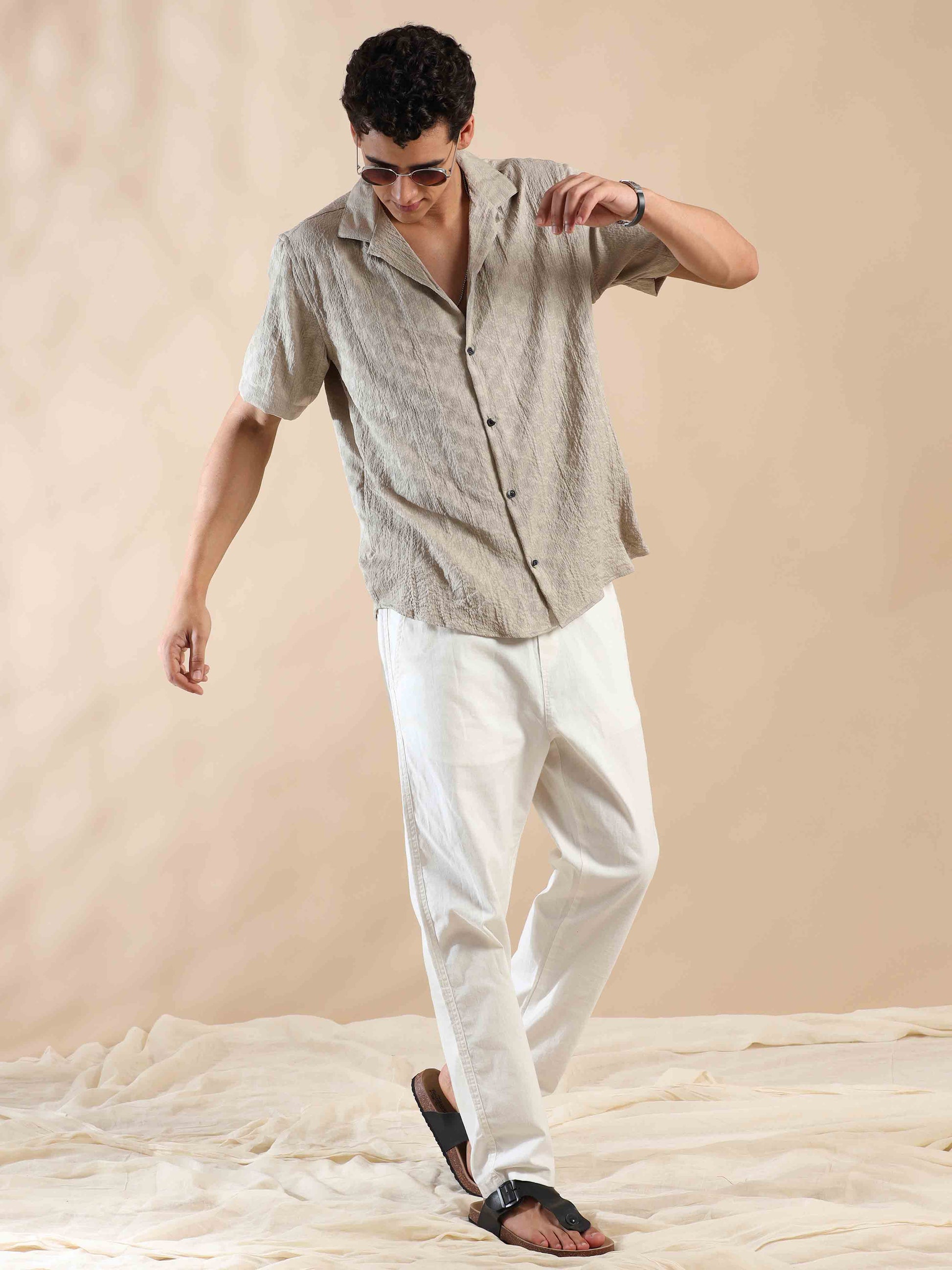 Half sleeve Beige Half sleeve polyester solid shirt for men