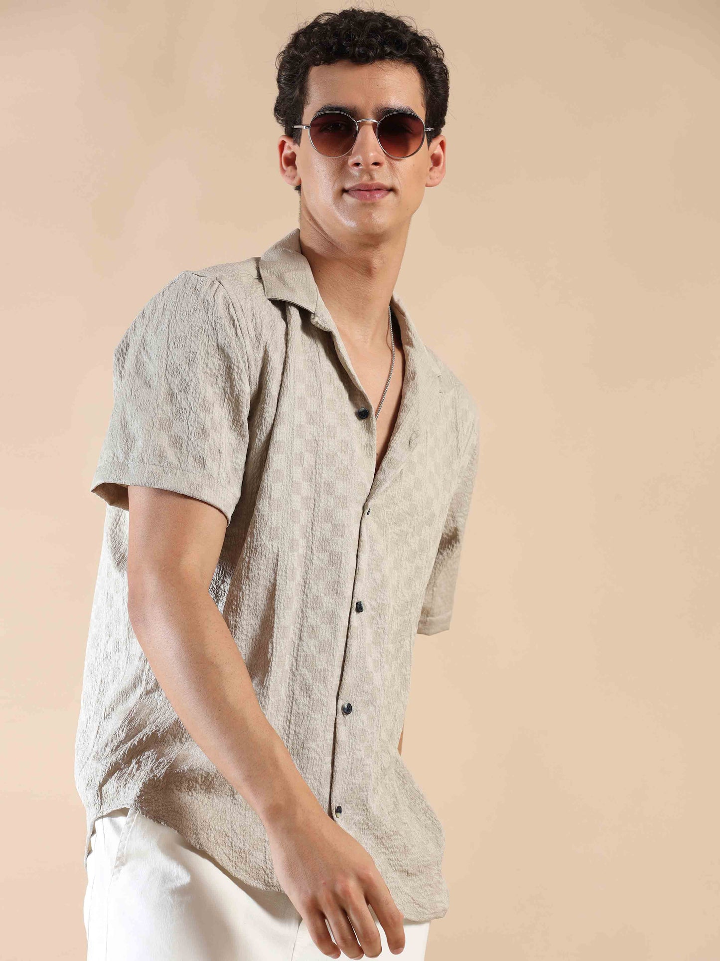 Half sleeve Beige Half sleeve polyester solid shirt for men