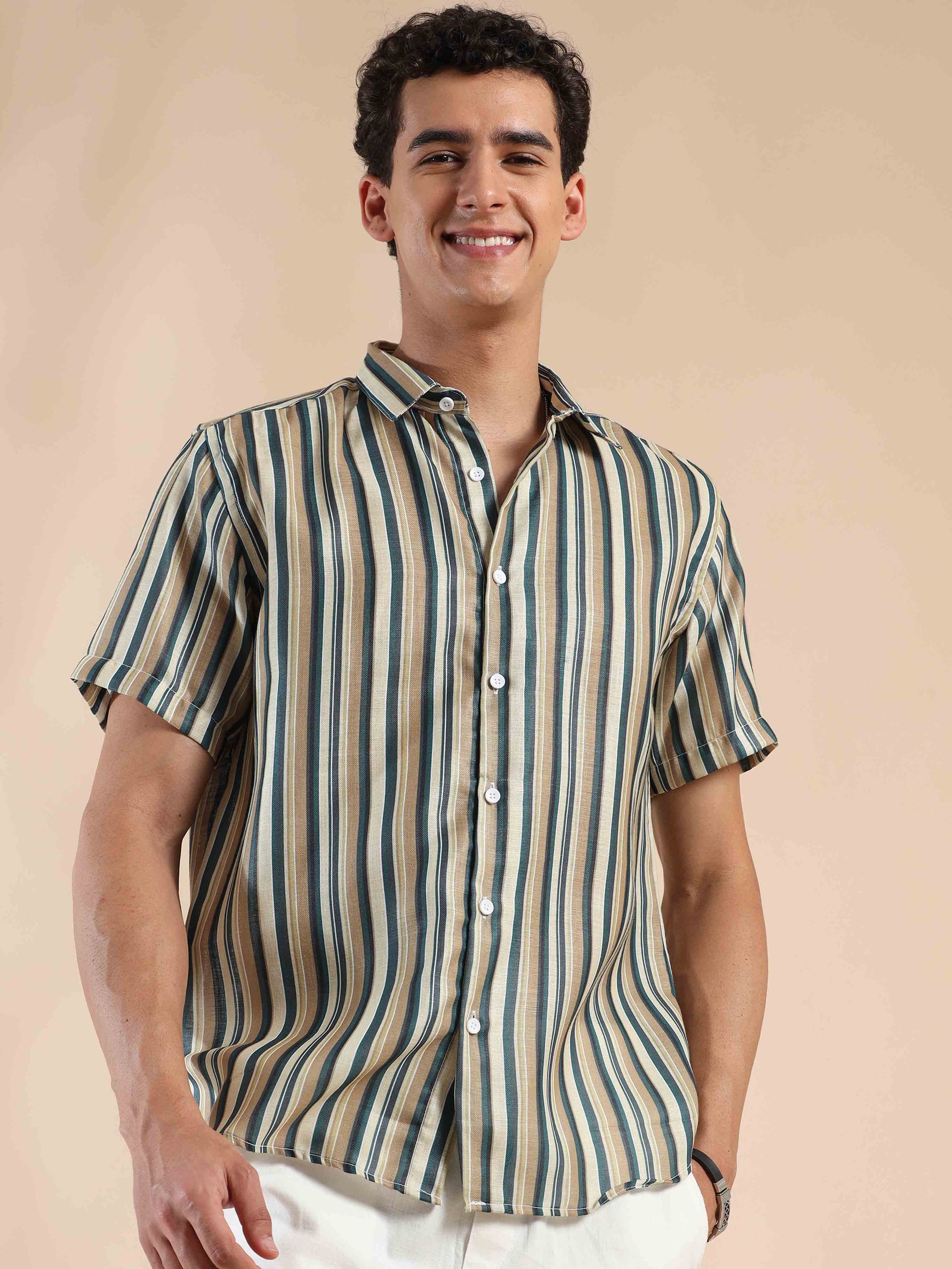 Half sleeve stripe polyester cotton shirt for men