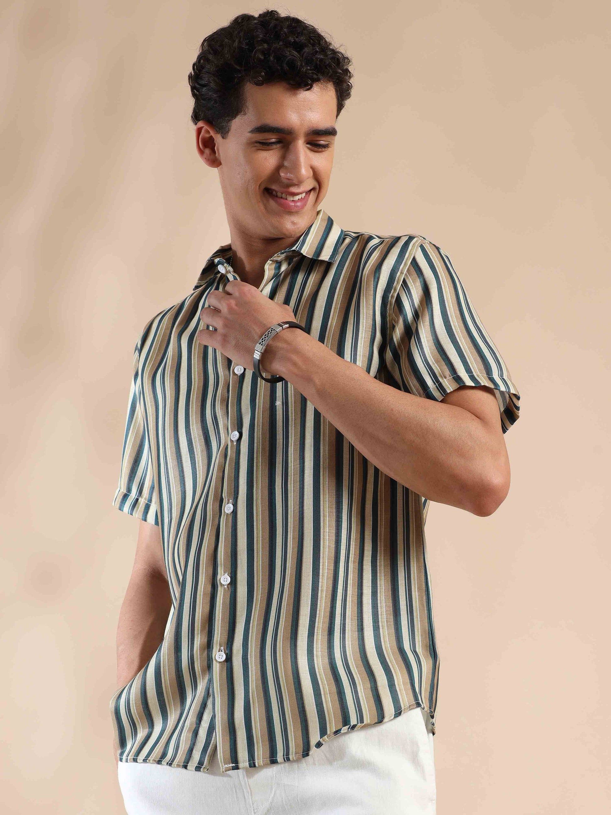 Half sleeve stripe polyester cotton shirt for men