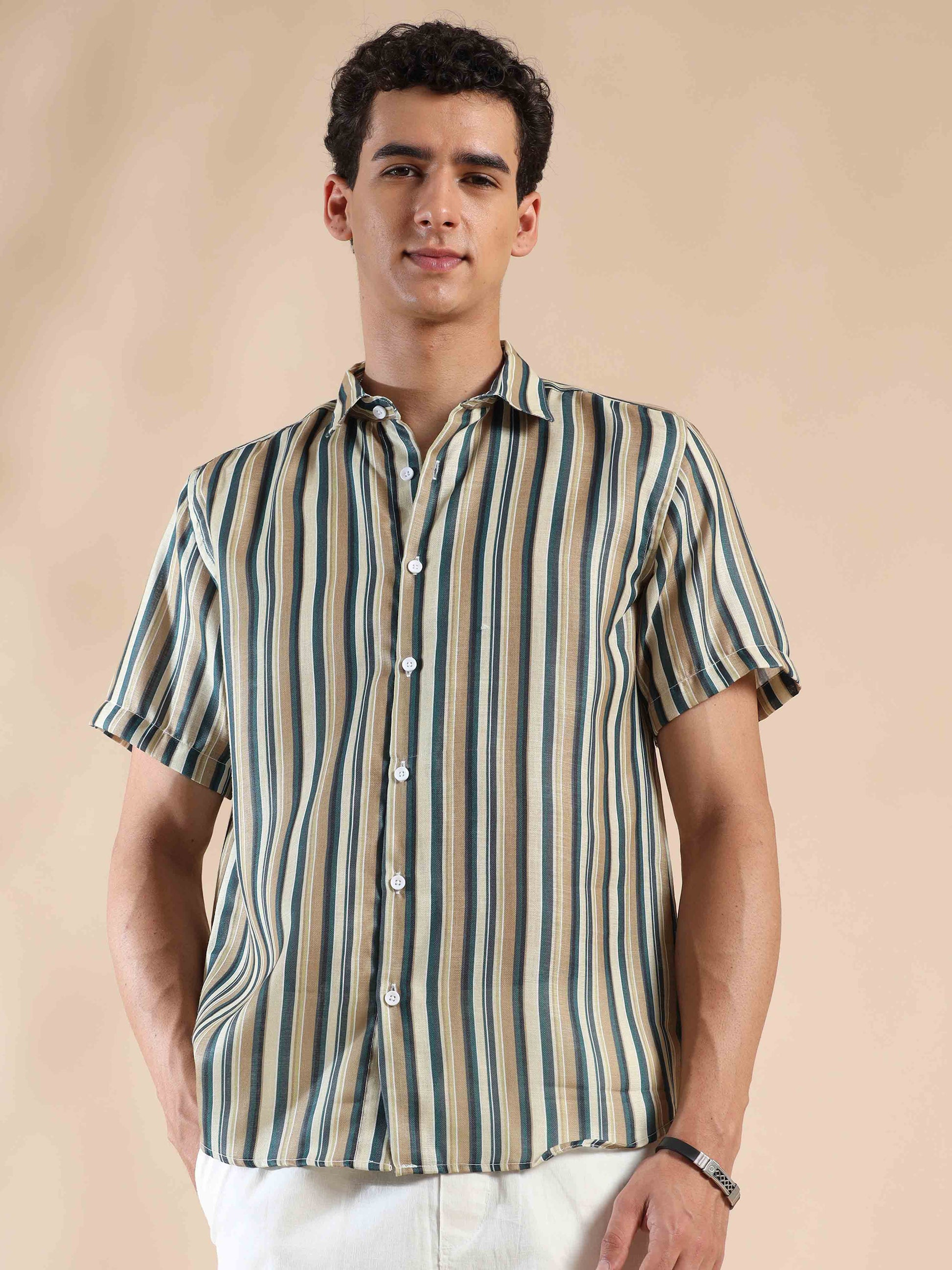 Half sleeve stripe polyester cotton shirt for men