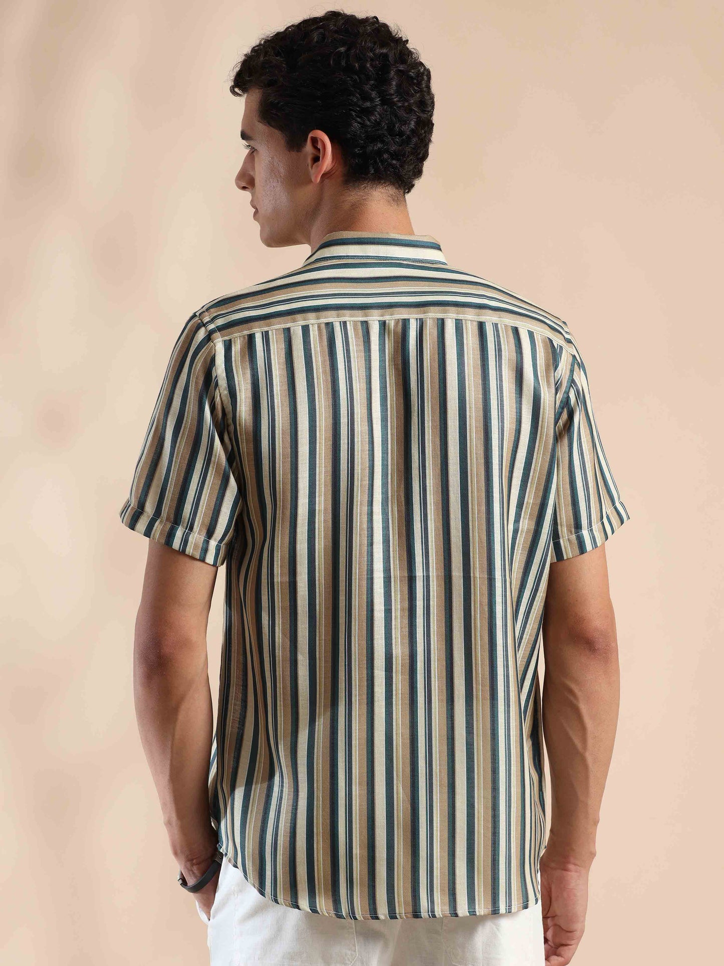 Half sleeve stripe polyester cotton shirt for men