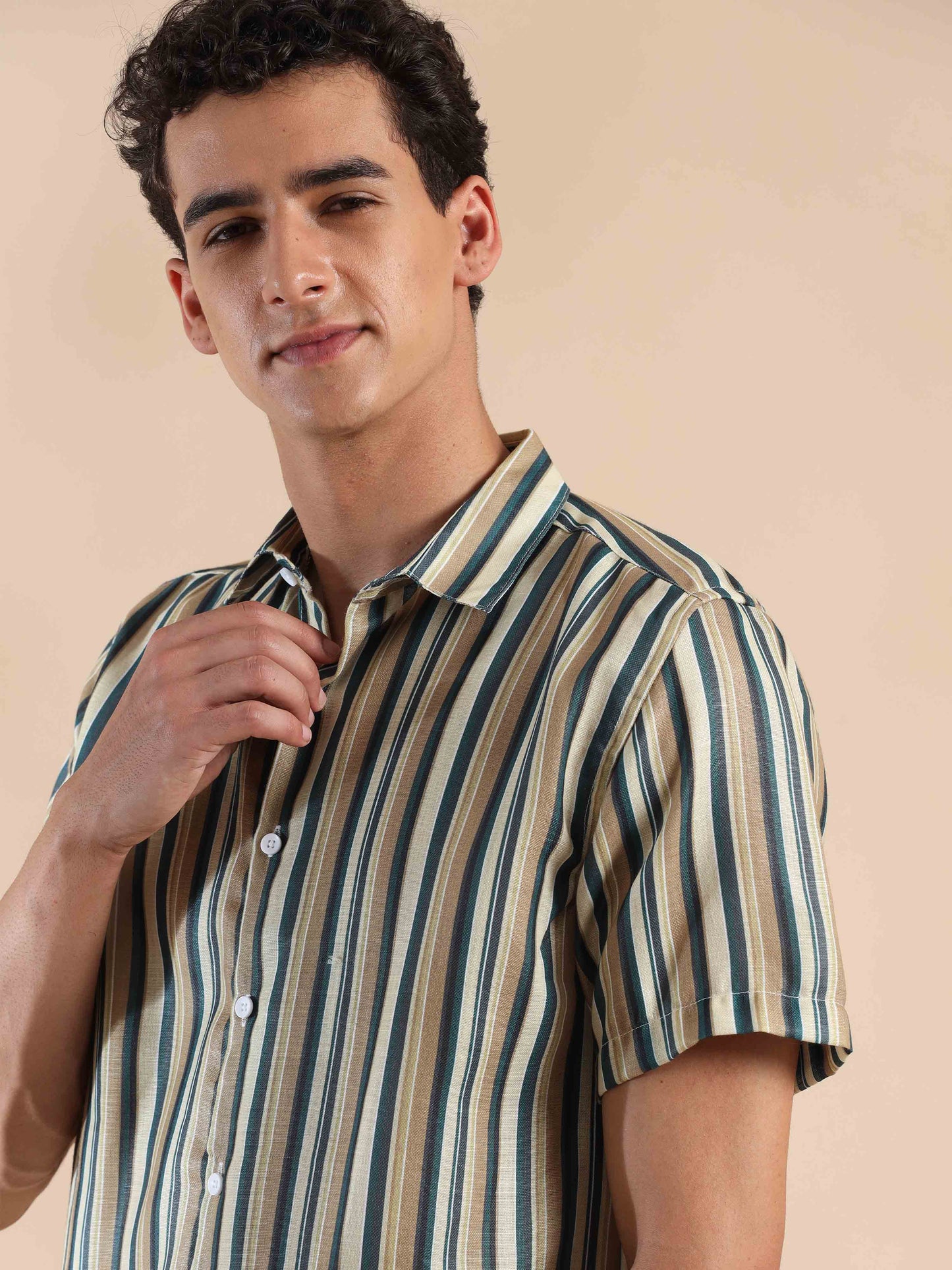 Half sleeve stripe polyester cotton shirt for men