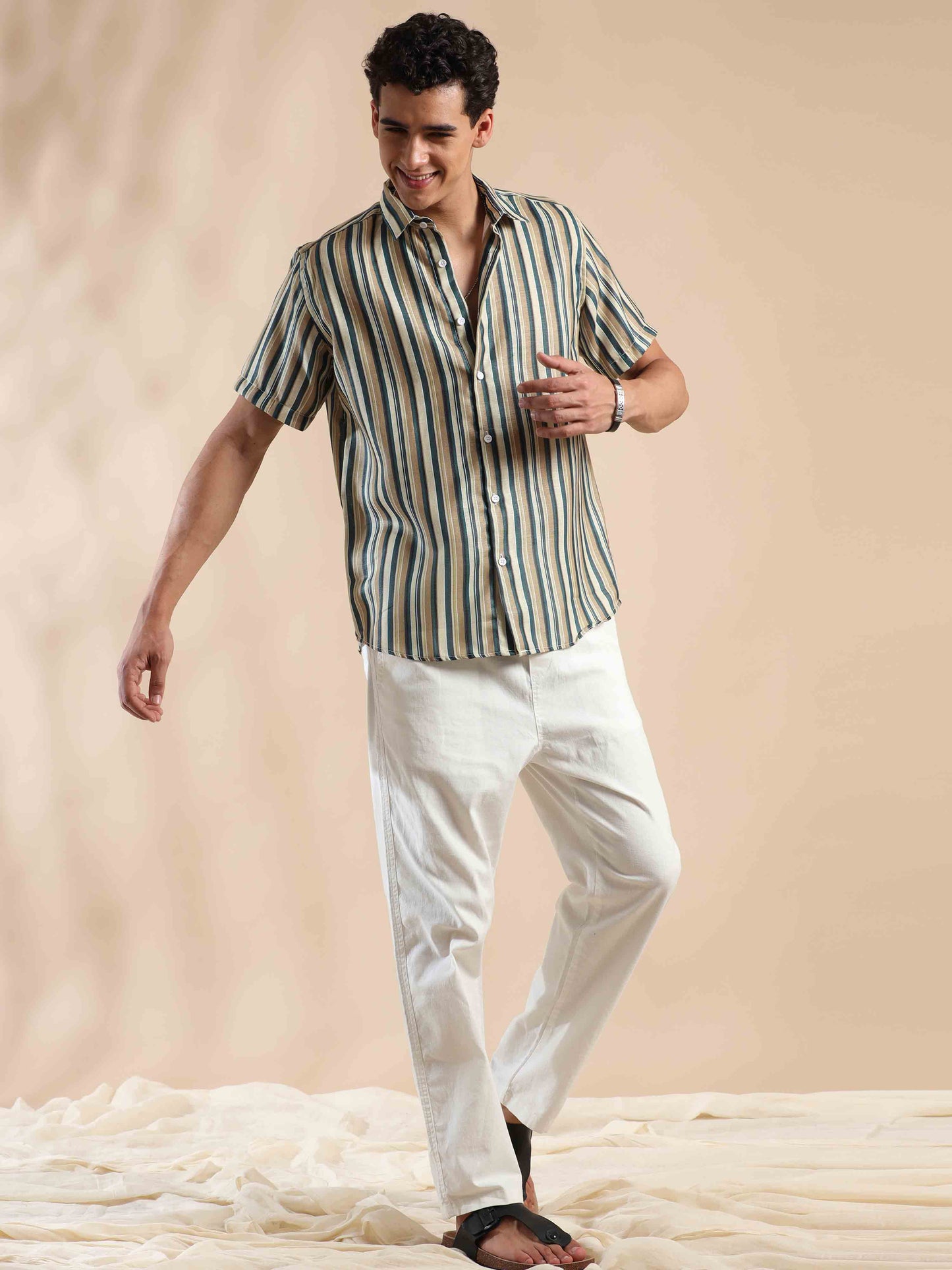 Half sleeve stripe polyester cotton shirt for men