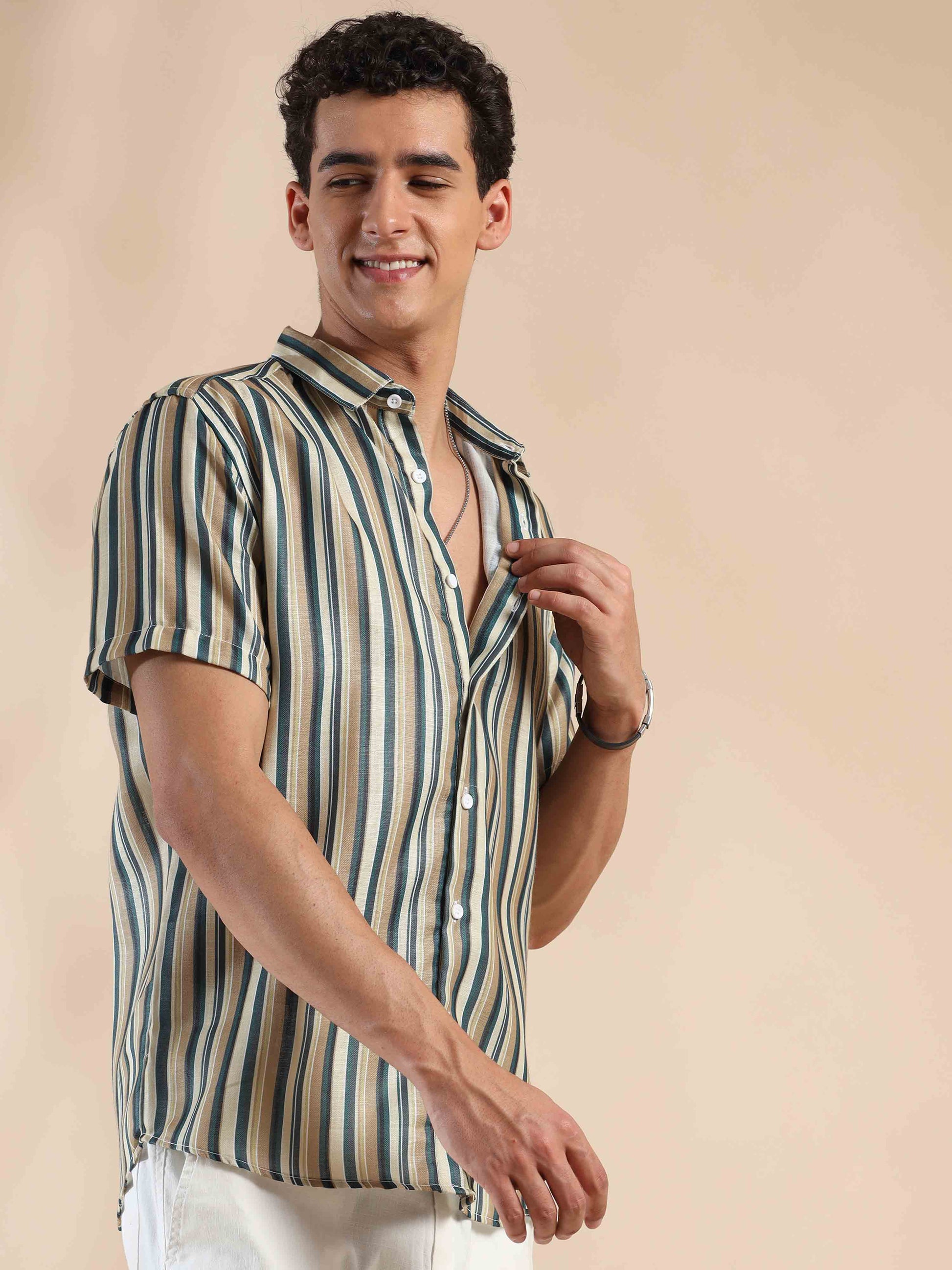 Half sleeve stripe polyester cotton shirt for men