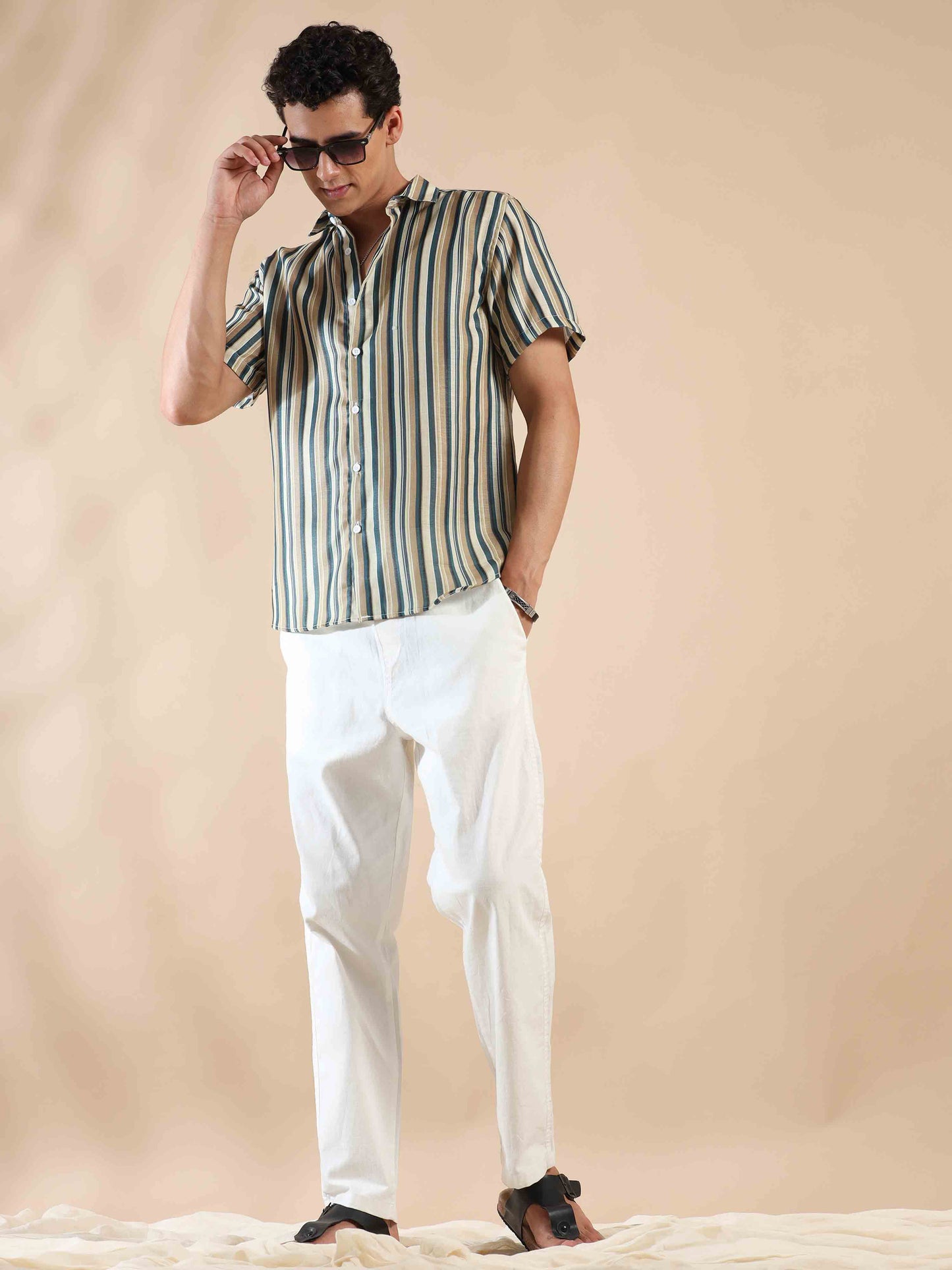 Half sleeve stripe polyester cotton shirt for men