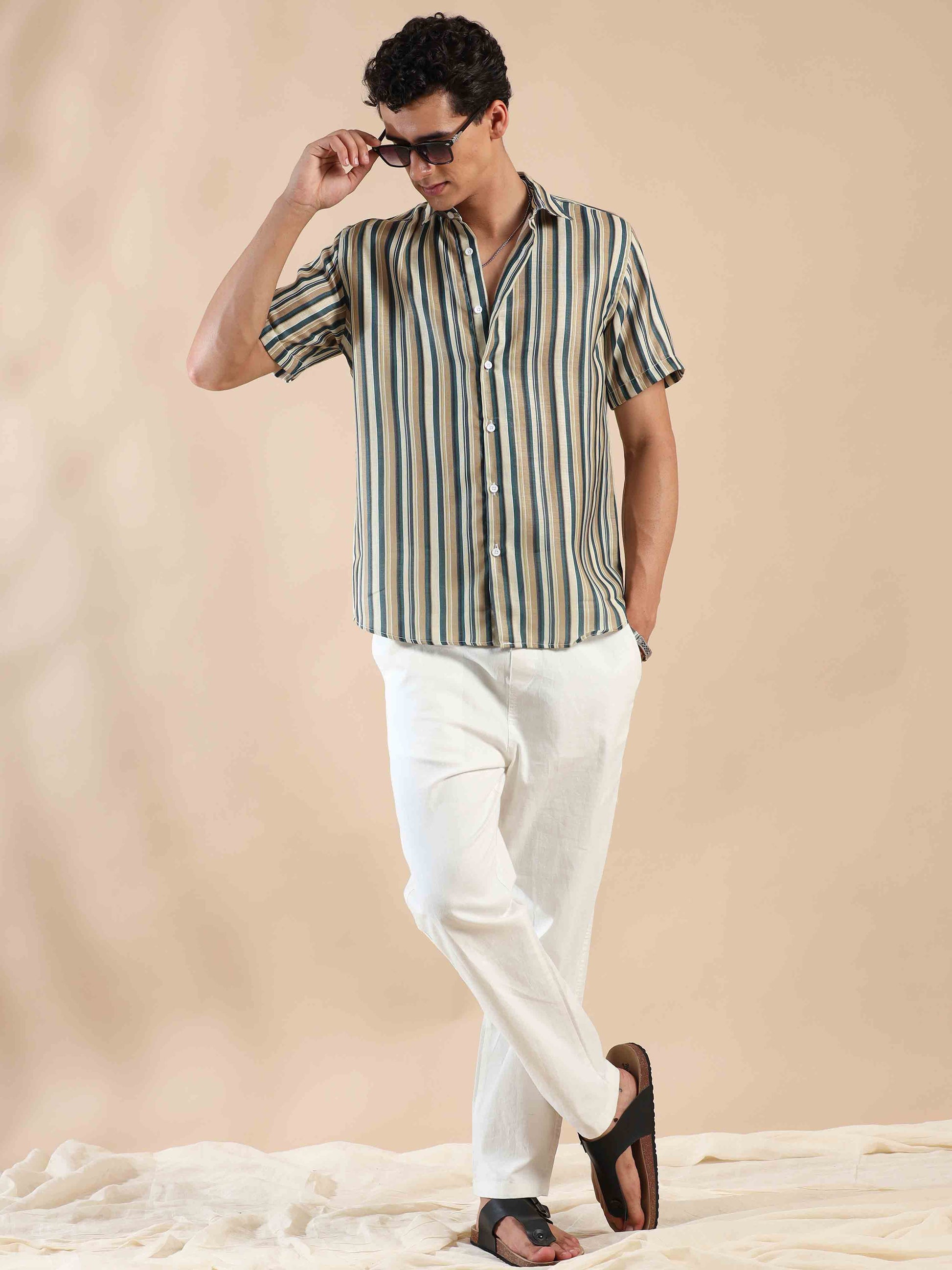 Half sleeve stripe polyester cotton shirt for men