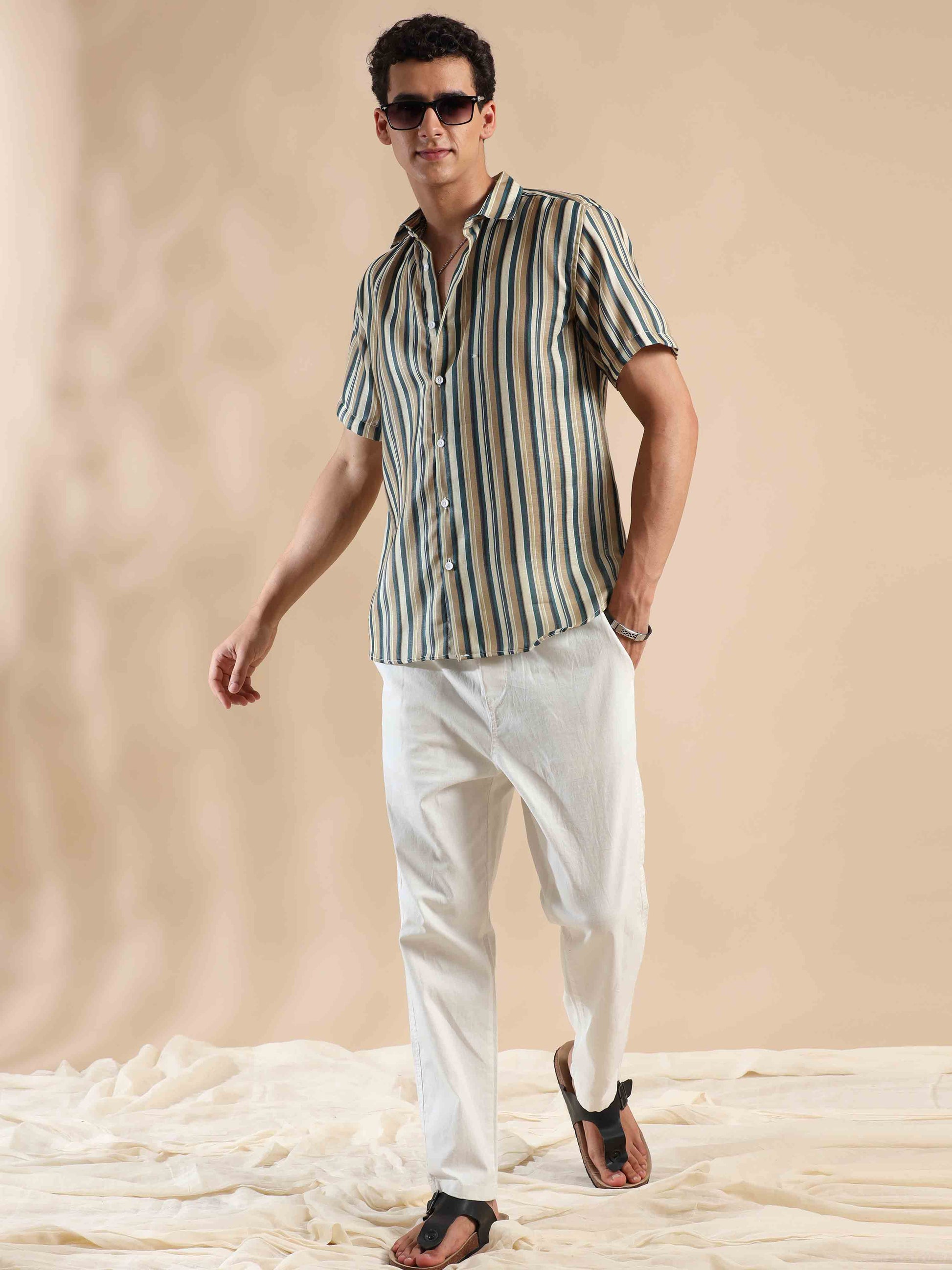 Half sleeve stripe polyester cotton shirt for men