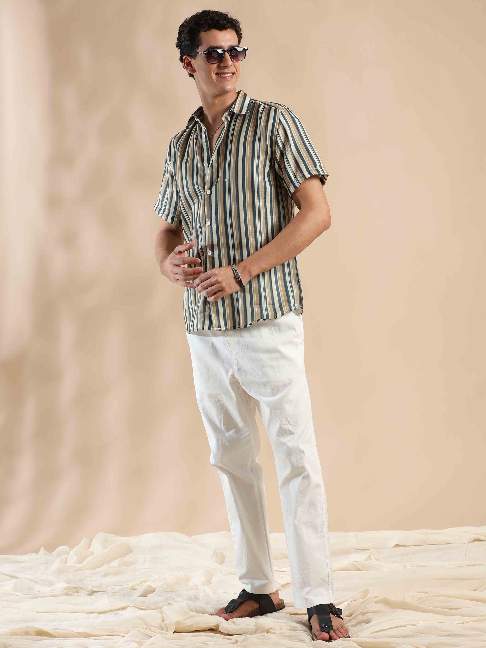 Half sleeve stripe polyester cotton shirt for men