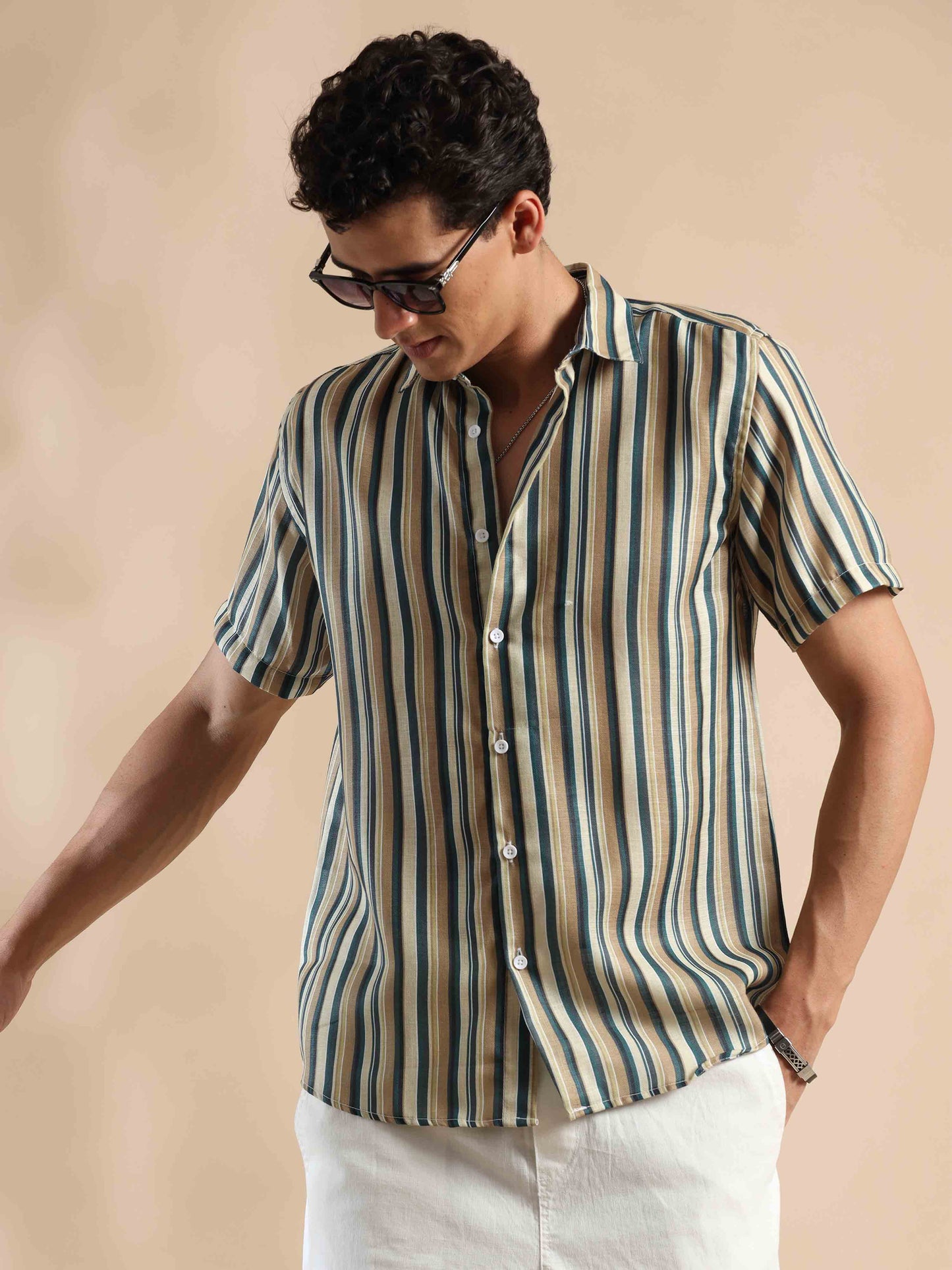 Half sleeve stripe polyester cotton shirt for men