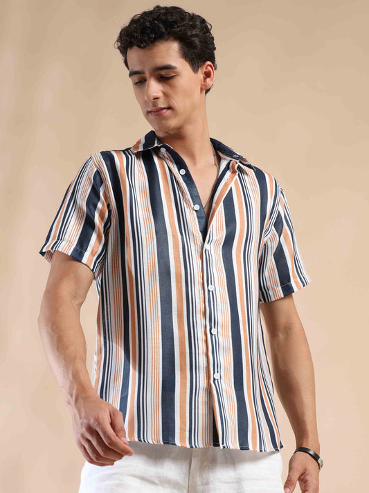 Half sleeve stripe polyester cotton shirt for men