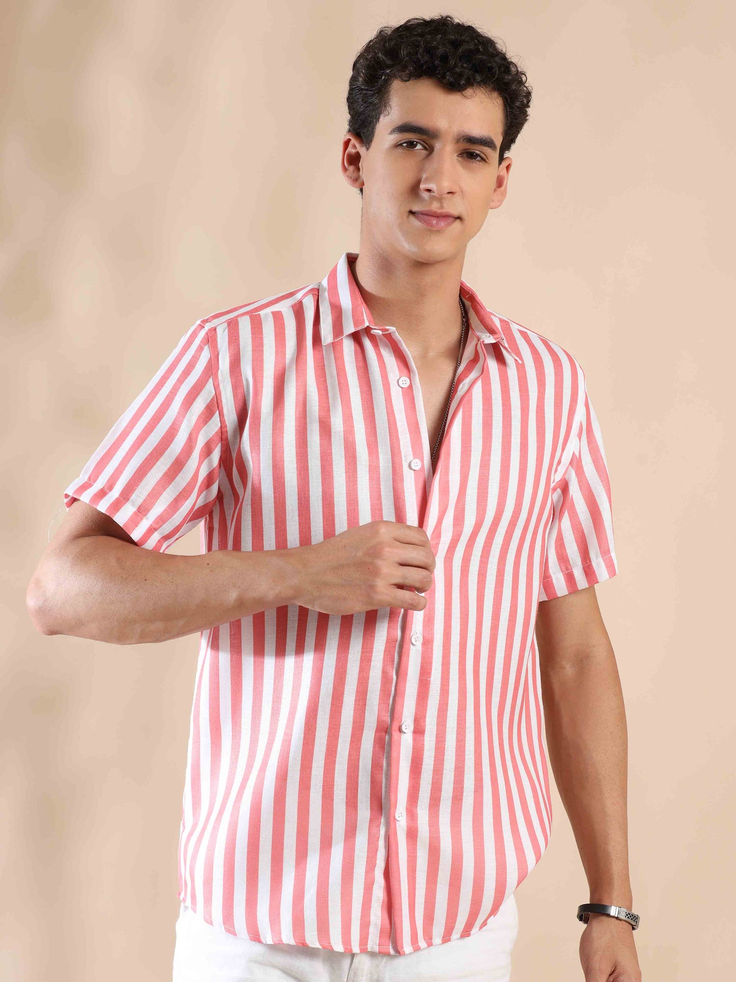 Half sleeve stripe polyester cotton shirt for men