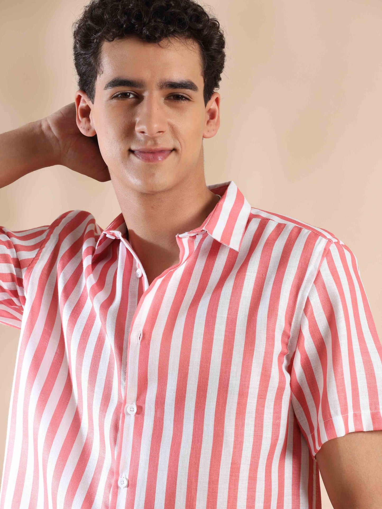 Half sleeve stripe polyester cotton shirt for men