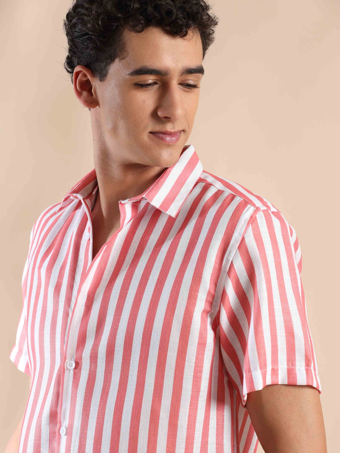 Half sleeve stripe polyester cotton shirt for men