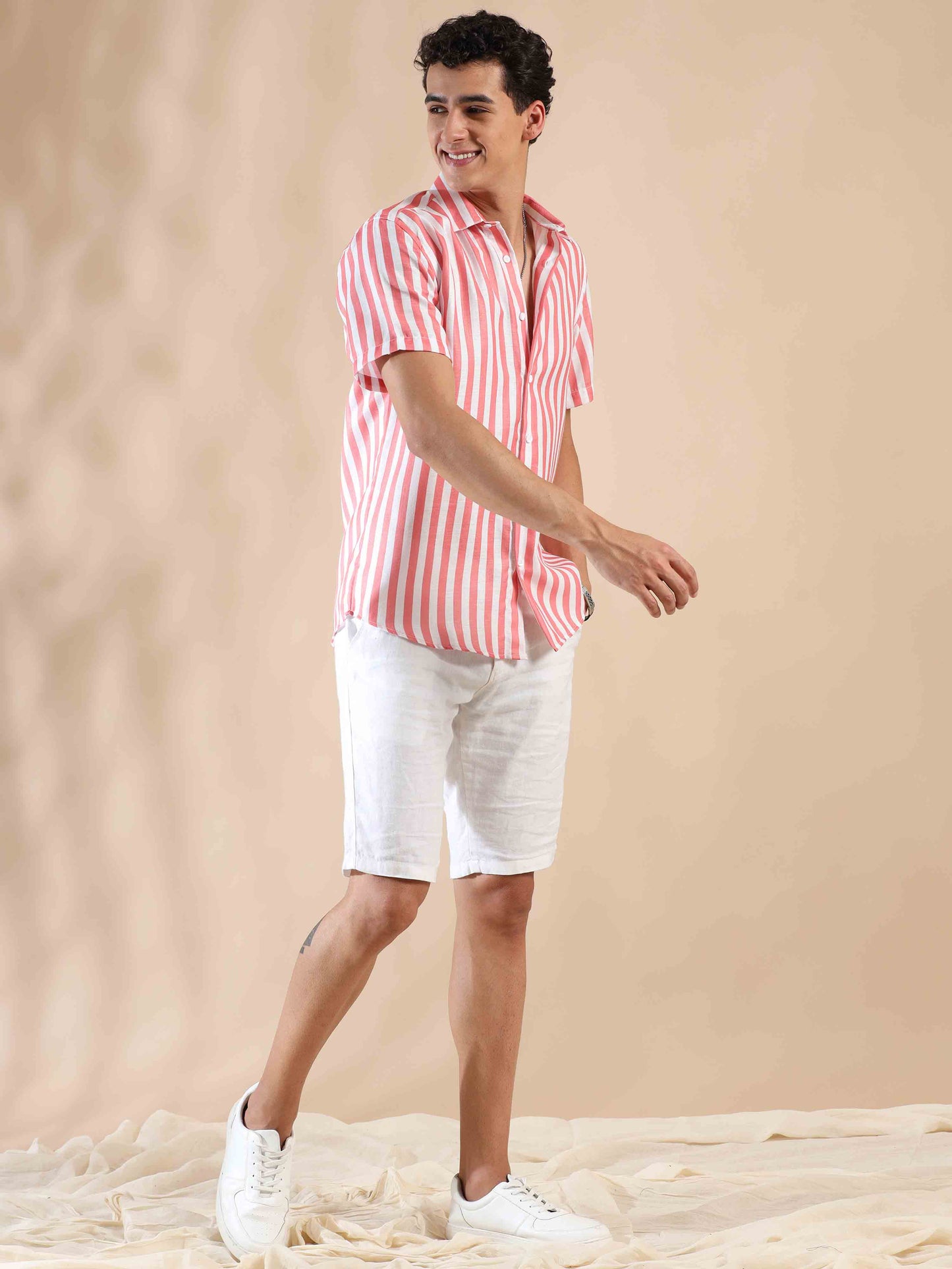 Half sleeve stripe polyester cotton shirt for men