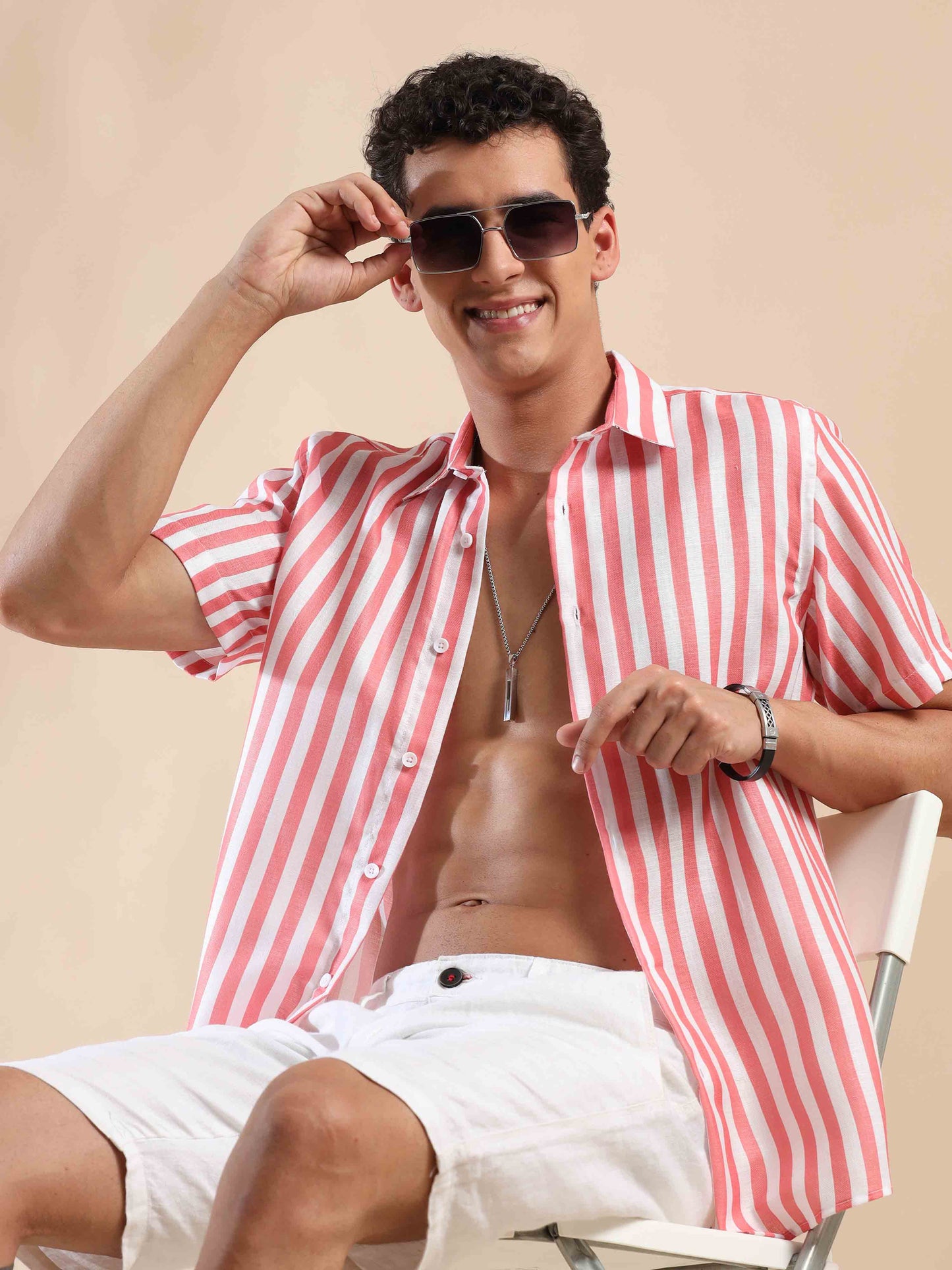 Half sleeve stripe polyester cotton shirt for men