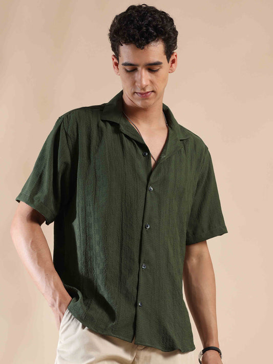 Half sleeve green popcorn solid shirt for men