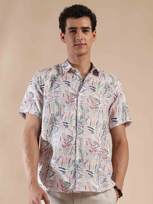 Half sleeve printed pink polyester cotton shirt for men
