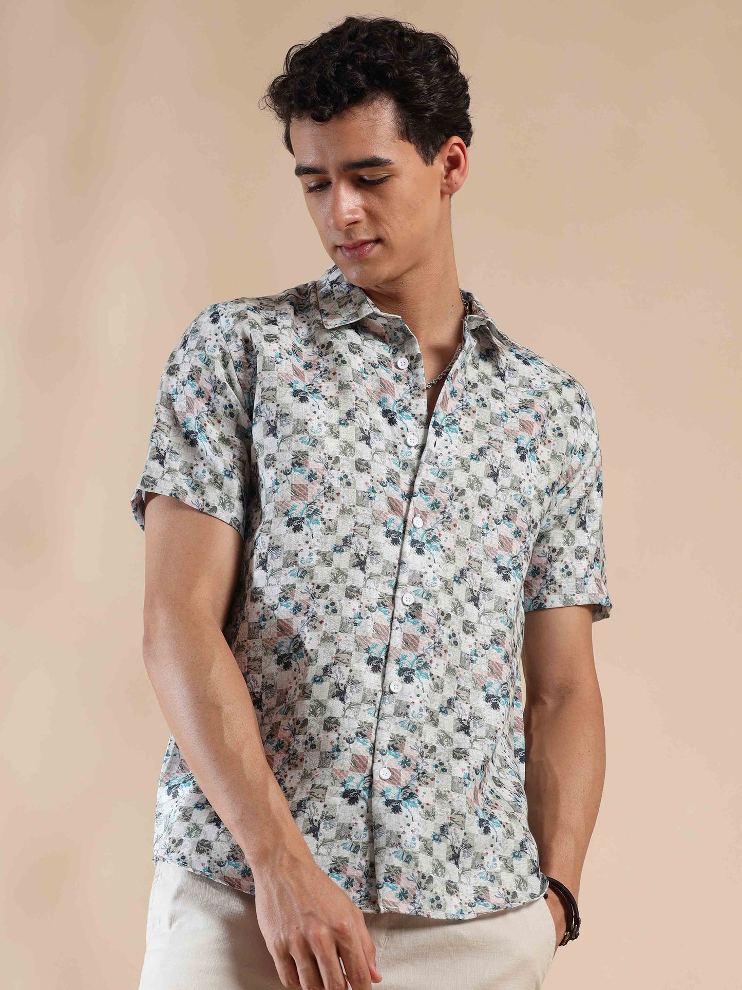 Half sleeve printed beige polyester cotton shirt for men