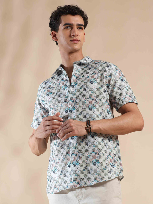 Half sleeve printed beige polyester cotton shirt for men